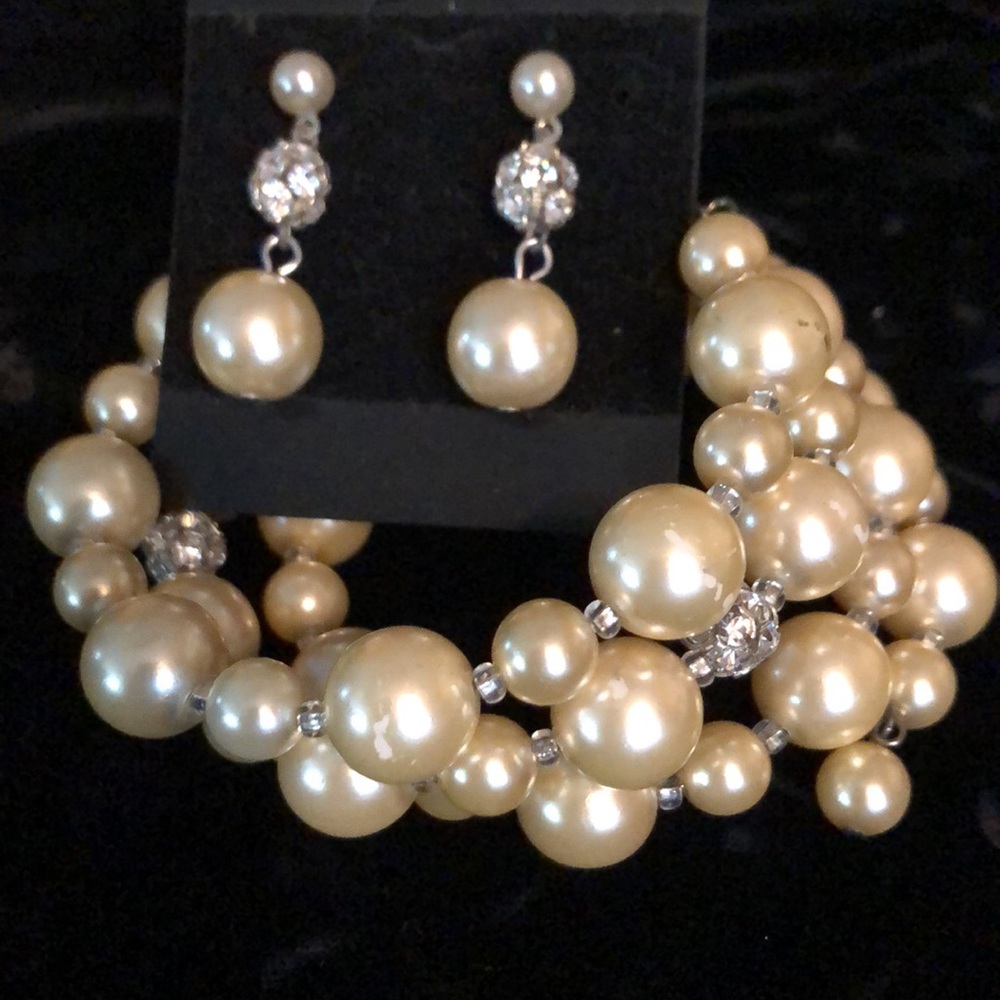 Glass Pearls & Crystal Ball Bracelet & Earring Set